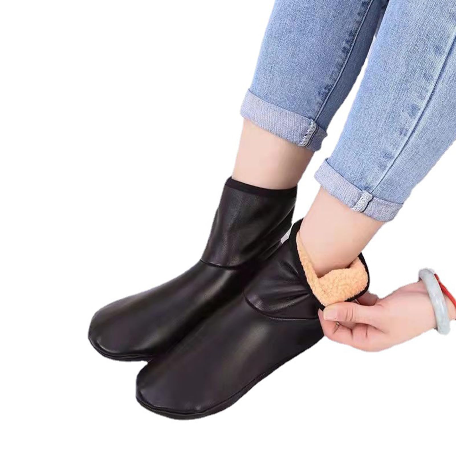 YUNGLOO Unisex Thicken PU Leather Slipper Socks Home Indoor Outdoor Cold Weather Thermal Warm Fleece Lined Floor Leather