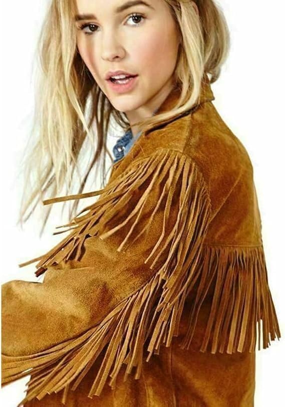 Western Suede Leather Fringe Jacket, Cowgirl Style, V-Neck, Front Pockets, Tan2