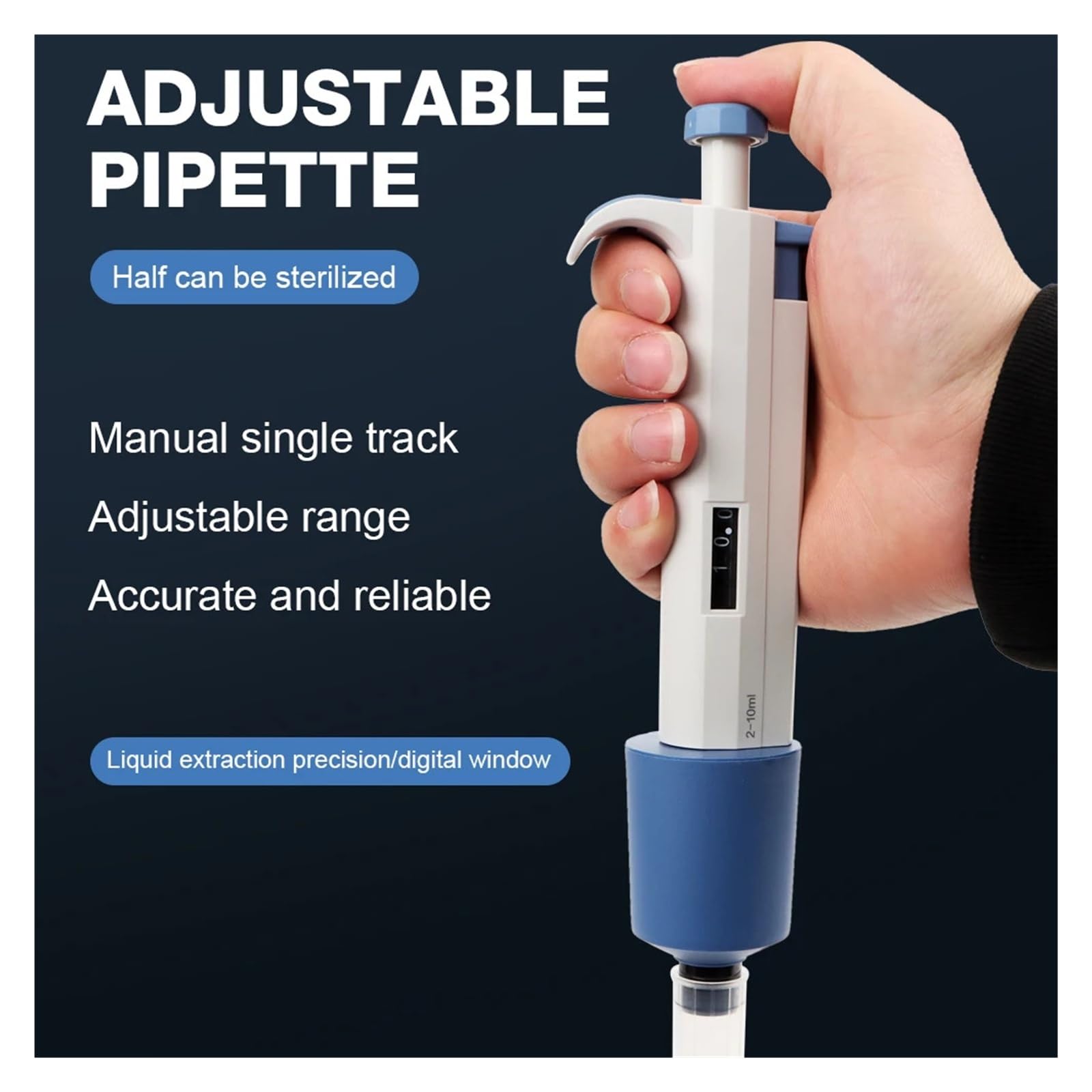 Pipeta de laboratorio de 2-10ml, micropipeta Digital de un solo canal ajustable con puntas de pipeta, dispensador de muestras Ajuste de volumen preciso