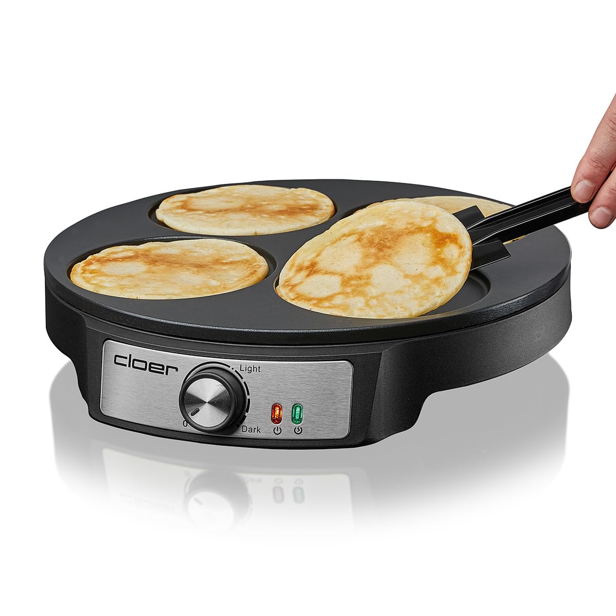 Cloer 6625 Pancake Maker, Mini Pancakes, pour 4 petites pancakes de d'un diamètre de 11 cm, 1200 W, revêtement antiadhésif, comprend un tourne-pancake, noir