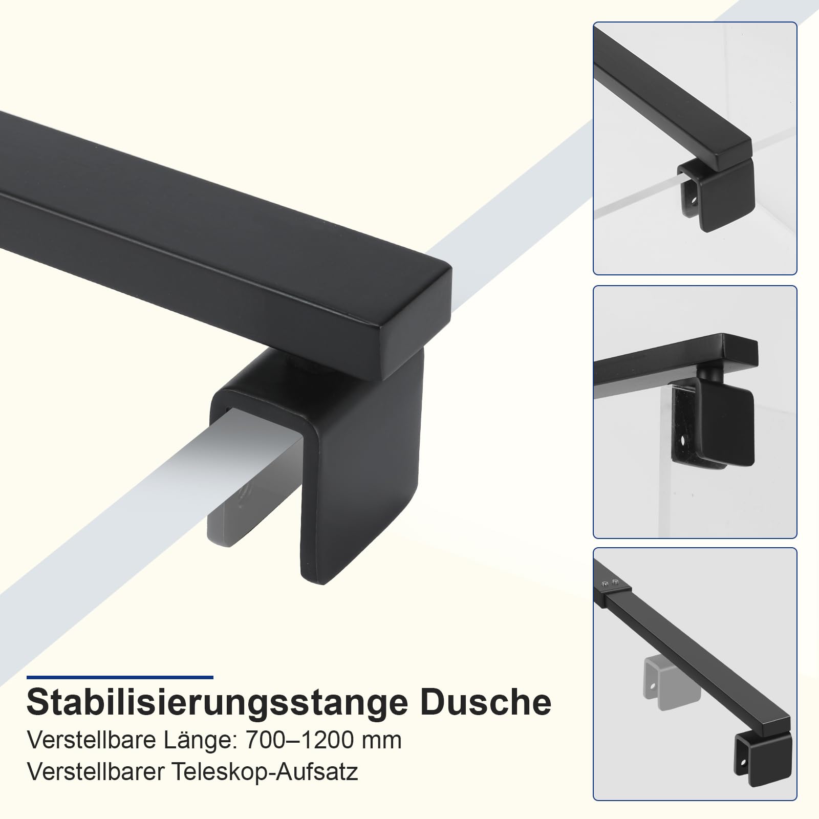 SVNR 70 – 120 cm supporto per parete doccia, asta stabilizzante per vetro spessore 8 – 10 mm, asta in acciaio inox, stabilizzatore per pareti doccia e cabina doccia, nero opaco, forma quadrata