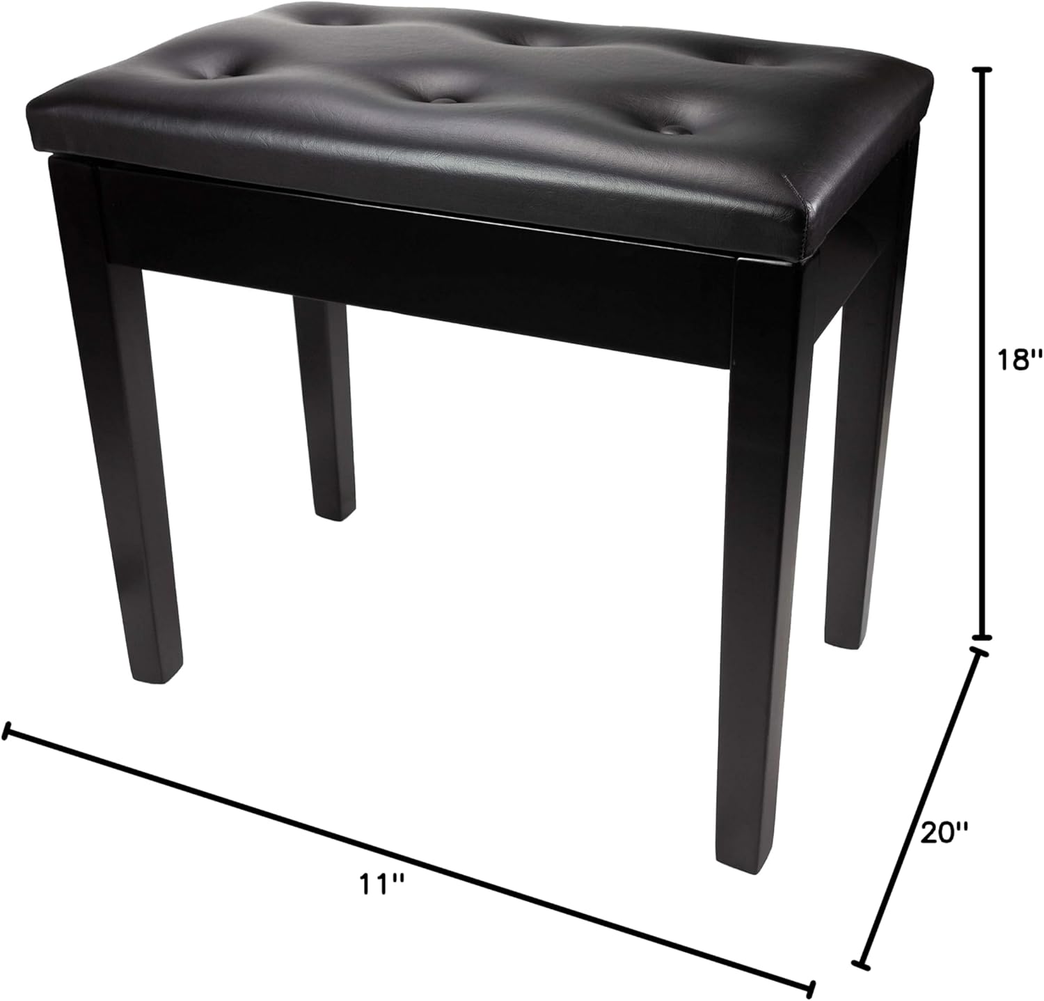 Diagram showing the dimensions of the RockJam RJKBB500 piano bench: 11 inches deep, 20 inches wide, 18 inches high