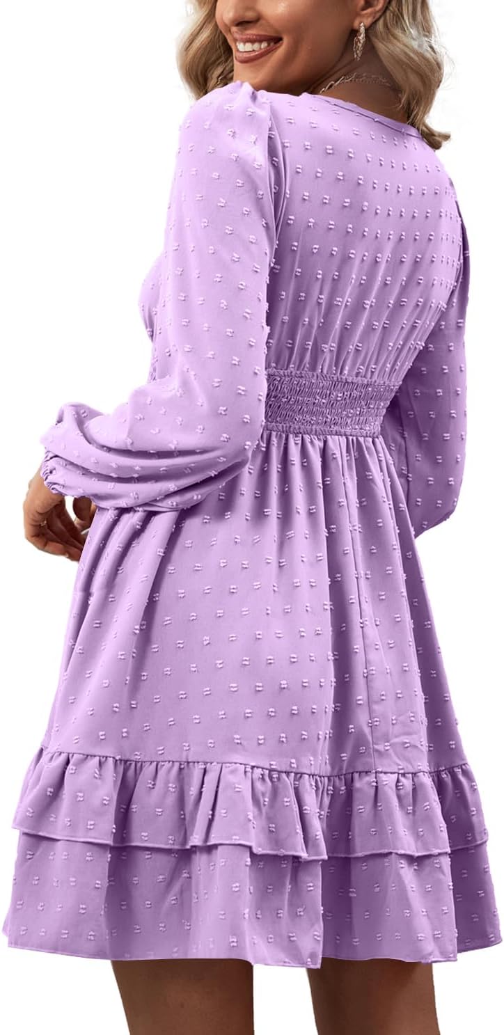 Rooscier Women's Wrap V Neck Swing Ruffle Swiss Dots Long Sleeve Mini Dress - Image 2
