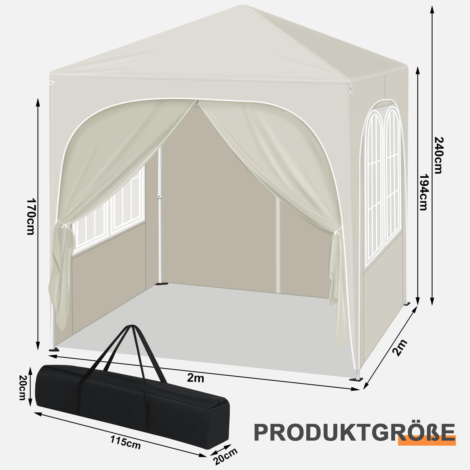 WOLTU Faltpavillon 2x2m Pop up mit 4 abnehmbaren Wänden Pavillon Beige | UPF 50+ UV Schutz, wasserdicht, höhenverstellbar, windstabil, Metallgestell, Strand