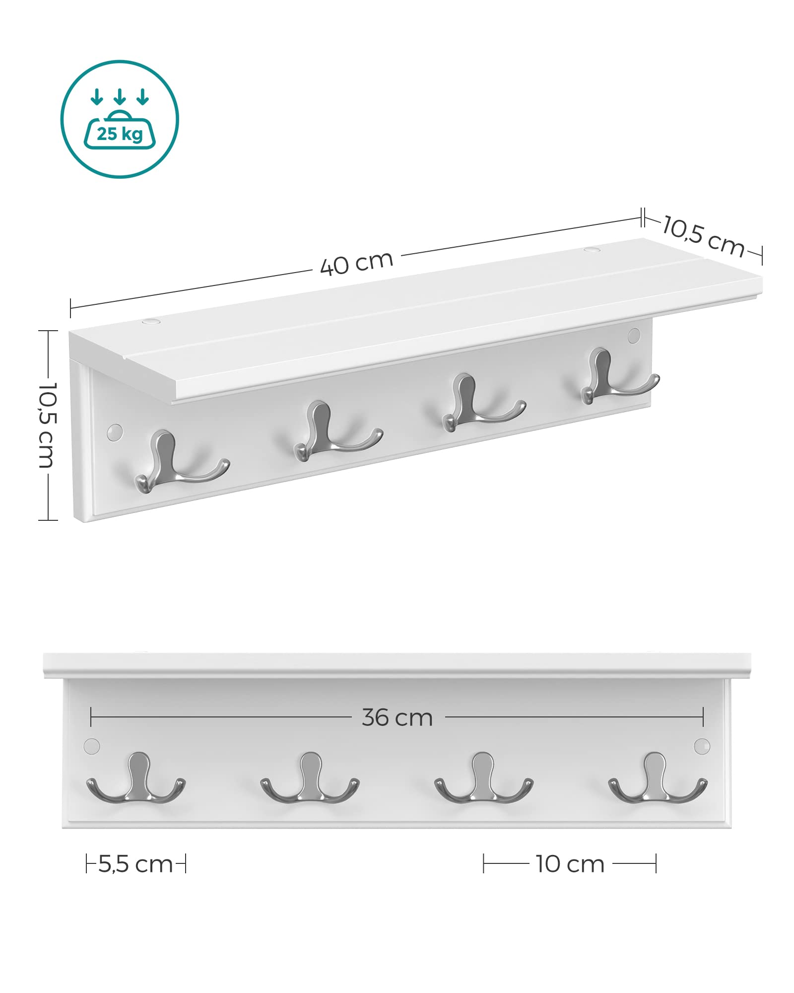 SONGMICS Wandgarderobe mit Ablage, Flurgarderobe, Garderobe für Wand, Garderobenleiste mit 4 Doppelhaken aus Metall, für Mäntel, Taschen, für Flur, Schlafzimmer, Wohnzimmer, weiß LHR42WT