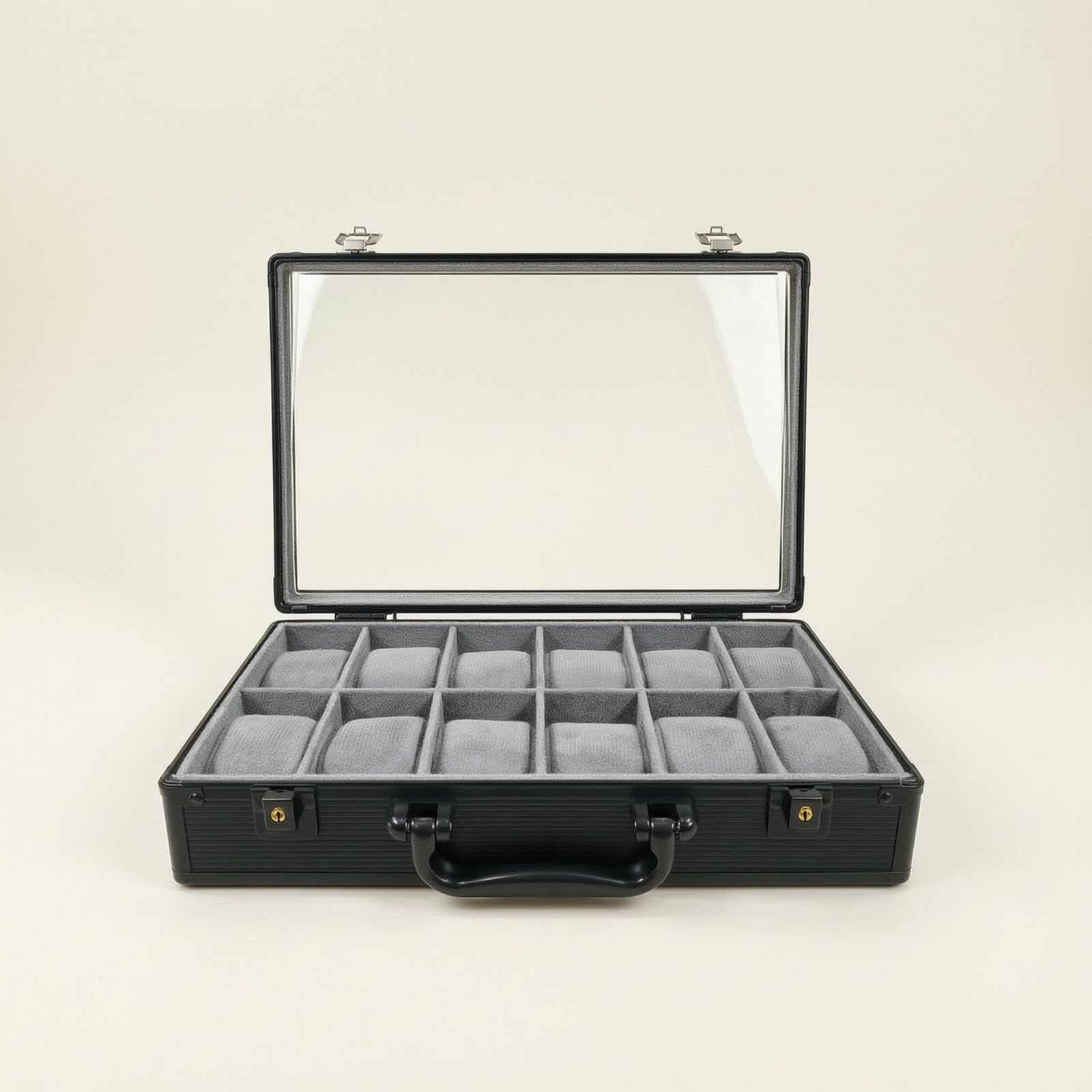 Contenitore Porta Orologi Scatola Espositore Organizer Valigetta Rivestimento Metallo Coperchio Trasparente Scomparti Imbottiti Adatto per Collezione Conservazione Casa Viaggi Negozio, Nero