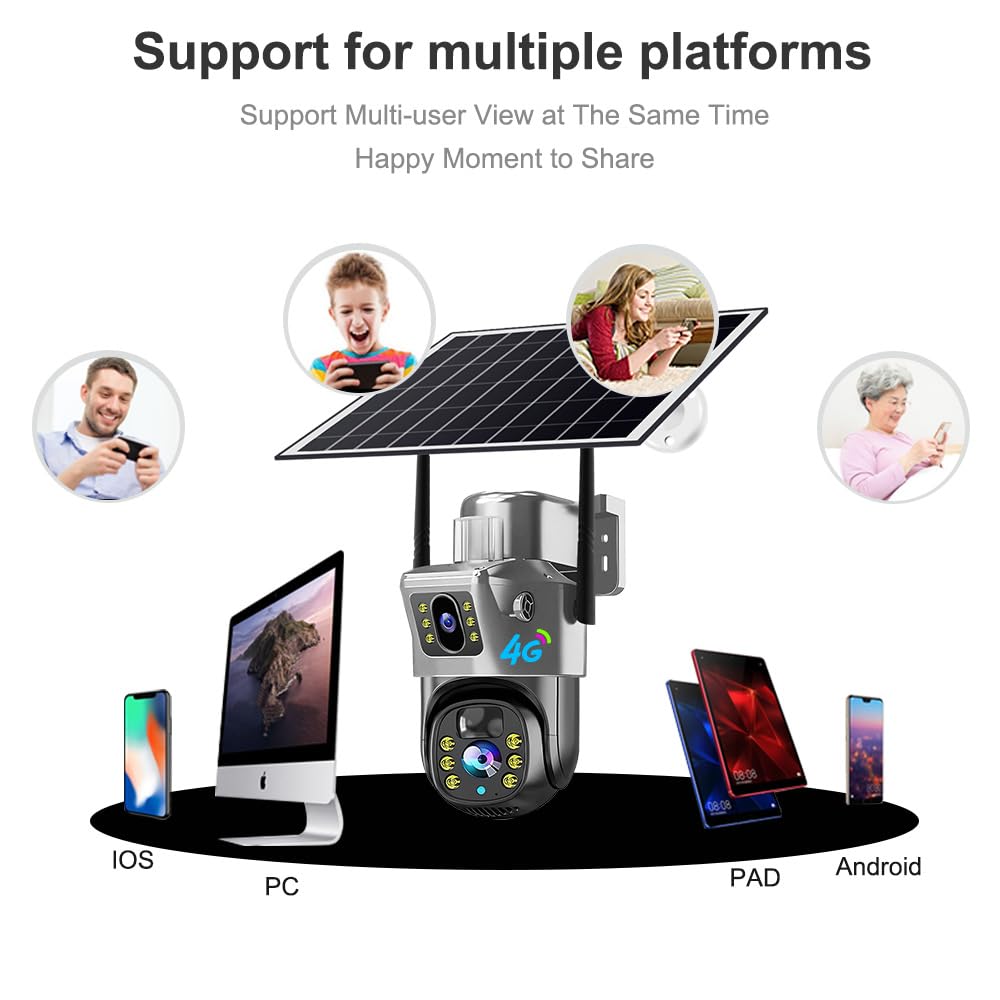Cámara de Vigilancia Solar 4G Para Exterior, Cámara PTZ Inalámbrica Con Doble Lente y Doble Pantalla, Audio Bidireccional, Detección de Movimiento, Visión Nocturna, IP66 Impermeabile