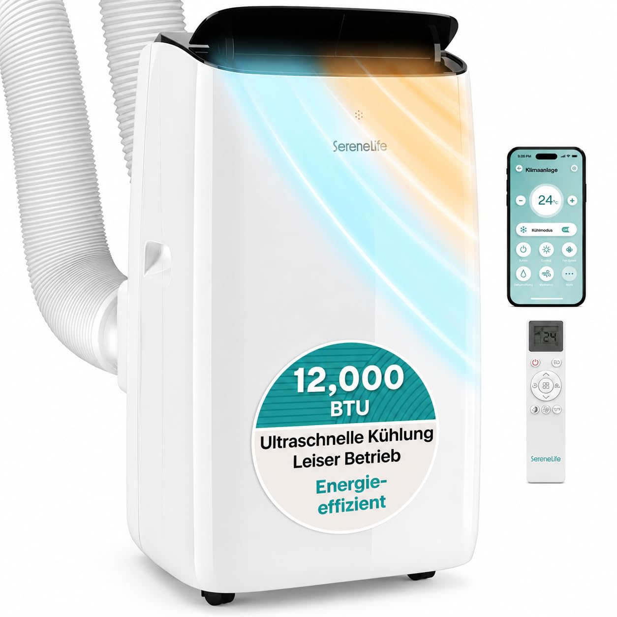 SereneLife Aire Acondicionado Inverter Móvil 12000 BTU WiFi 4 en 1: Refrigeración, Calefacción, Deshumidificación y Ventilación, Kit de Ventana, Ruedas, Silencioso,