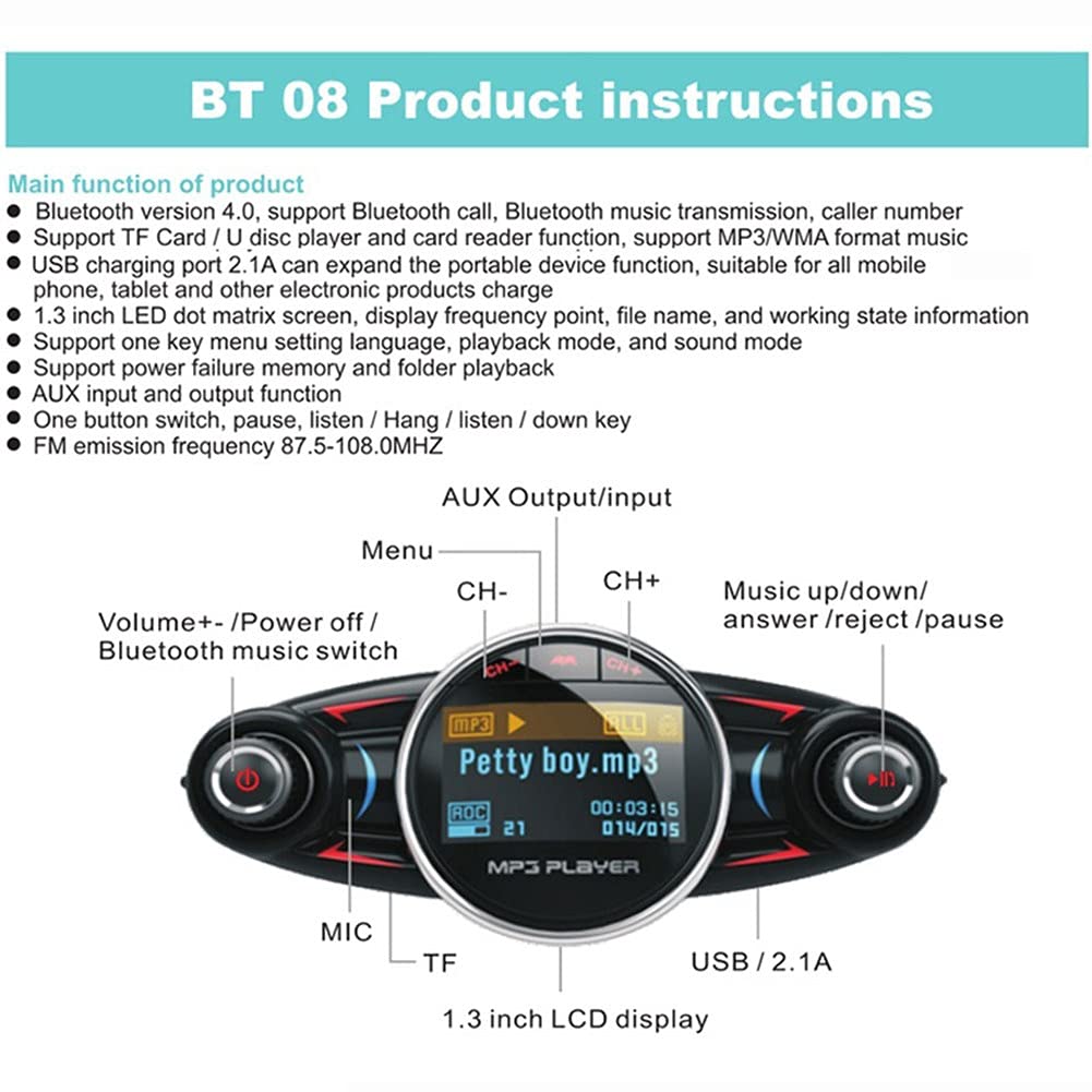 iSpchen Lecteur Mp3 Bluetooth De Voiture Transmetteur FM Récepteur Audio Bluetooth Aux sans Fil Adaptateur d'Autoradio à Rotation à 180 Degrés avec Chargeur De Voiture USB