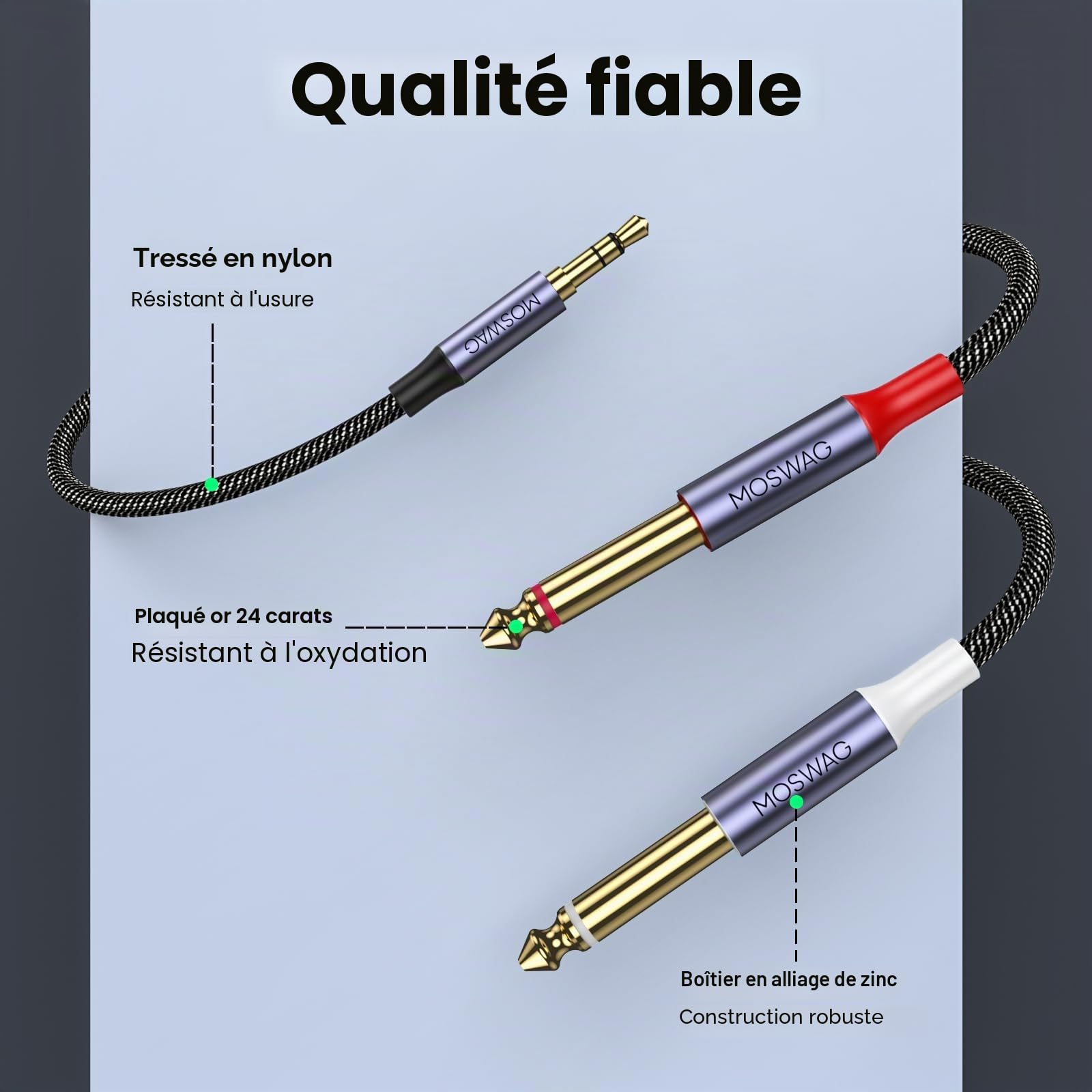 MOSWAG Câble Audio 3.5mm vers Double 6.35mm 1M, 6.35 vers 3.5 Mâle Y Splitter TRS Jack, Plaqué Or Nylon Tressé 3,5mm à 2X 6,35mm Splitter Câble pour Amplificateur, Cinéma Maison