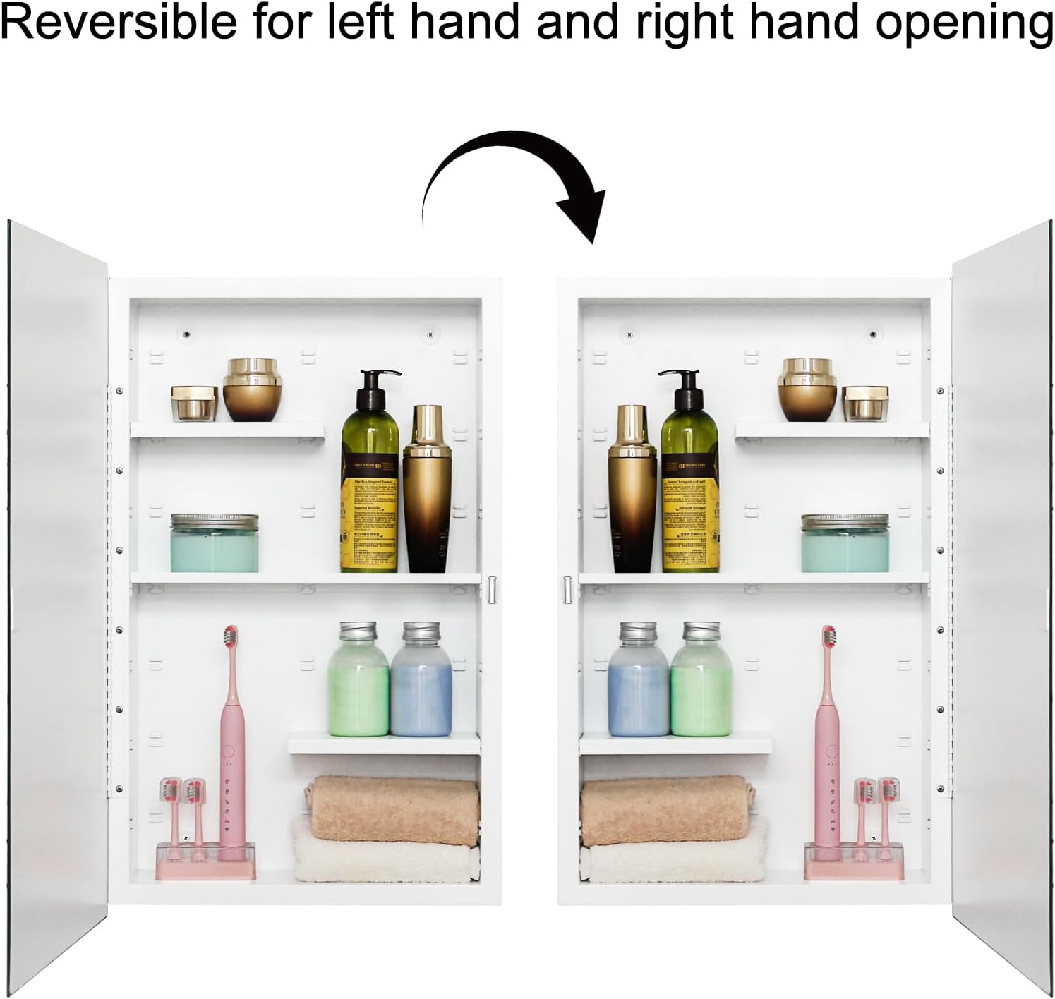 Fundin White Medicine Cabinet Recessed or Surface Mount, Bathroom Medicine Cabinet with 16 x 26 Beveled Mirror and Adjustable Staggered Shelves