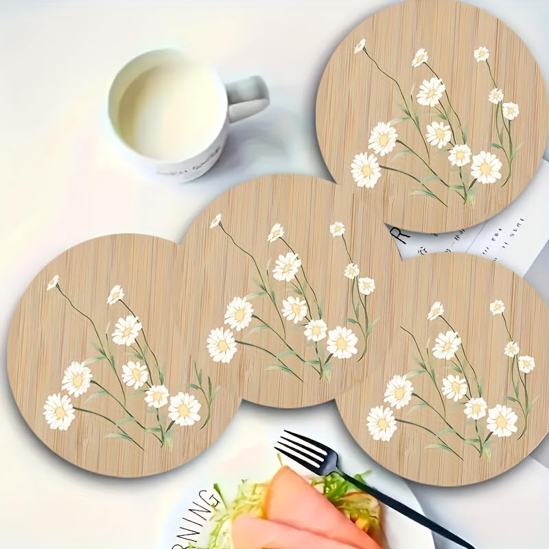 Image of 6pcs Daisy Pattern Wooden Coasters Set - Simple Style, Hand Washable, Natural Animal Theme, Ideal for Home Decor and Gifts, Festive Gift Item|Natural Theme Decor|Handwashable Coasters