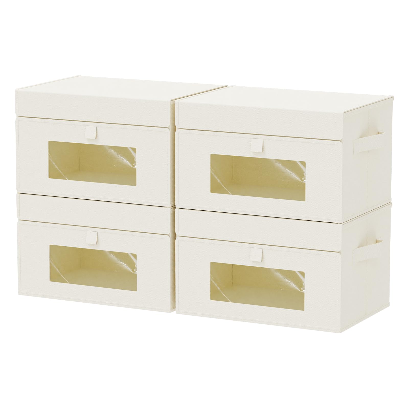 Cajas Almacenaje Ventanas Transparentes, 33x23x20 cm, Beige, Pack 4 | Contenedor de Almacenamiento Plegable, Organizadoras para Estantes, Cestas de Almacenaje para Ropa, libros, Dormitorio