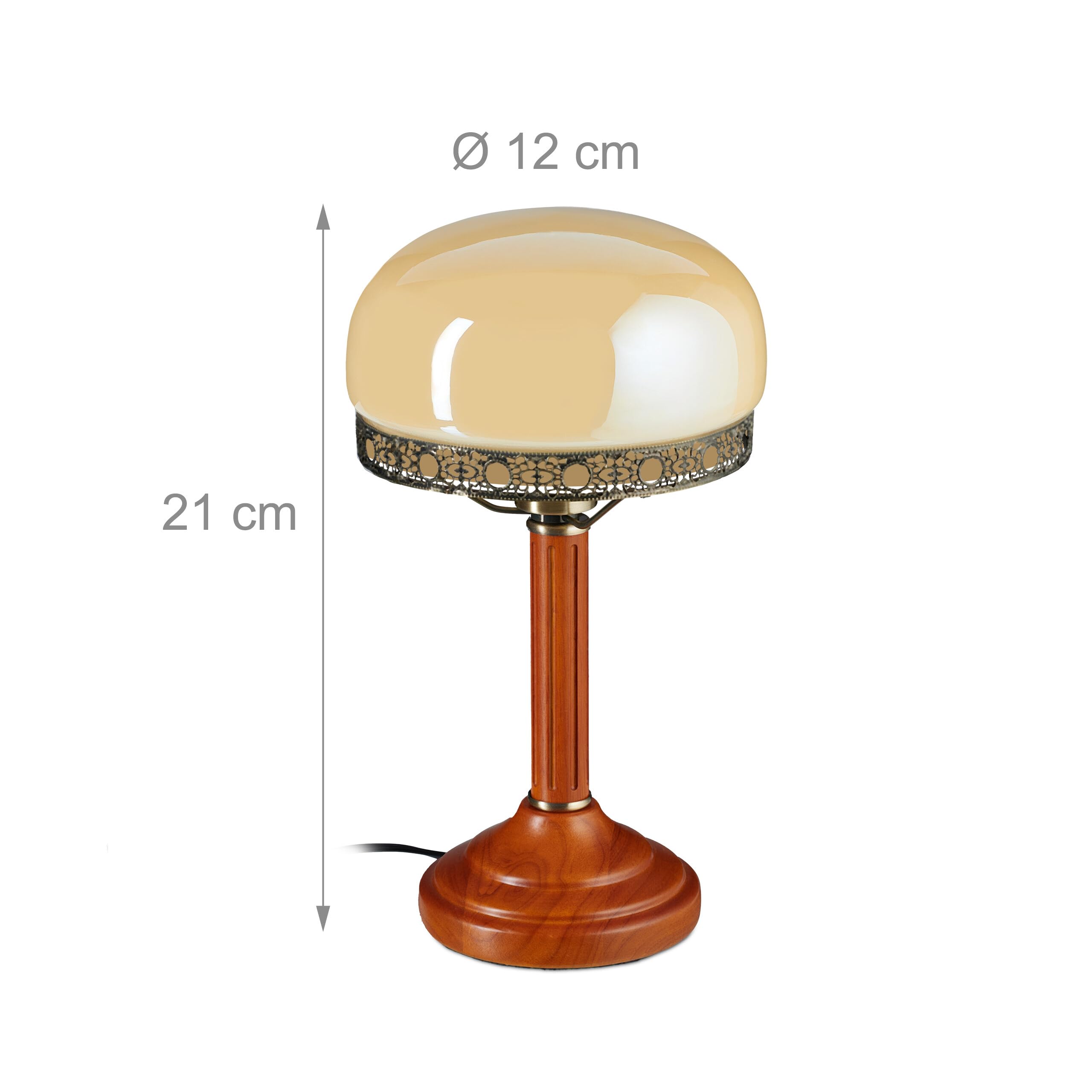 Relaxdays Tischlampe Rund Holzfuß Nostalgie Jugendstil Look, beige/Messing-Optik 10016611, Antik