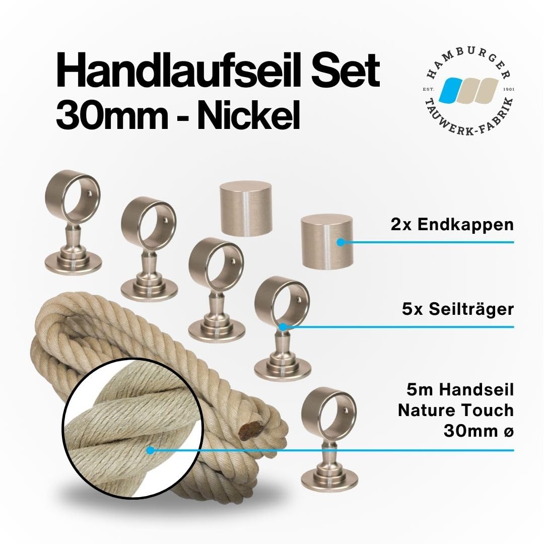 Handlaufseil-Set Ø 30 mm – 5 m Polyhanf-Seil „Nature Touch“ naturfarben mit 2 Endkappen & 5 Seilträgern, vernickelt | Treppe & Geländer