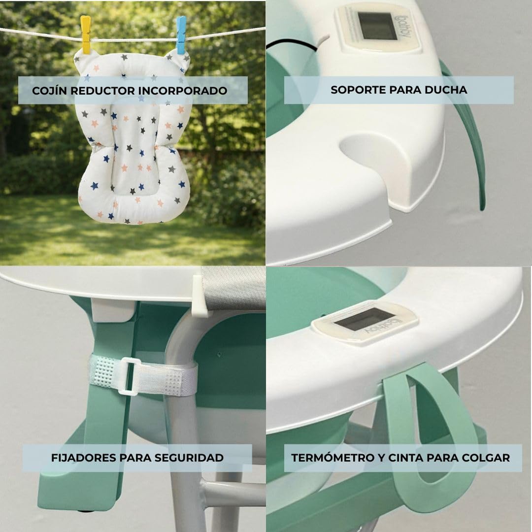 BATHBY | Bañera Plegable para Bebé con Soporte, Cojín Reductor y Termómetro | Set Completo para Recién Nacido | Compacta, Segura y Fácil de Transportar | (Verde SUP)