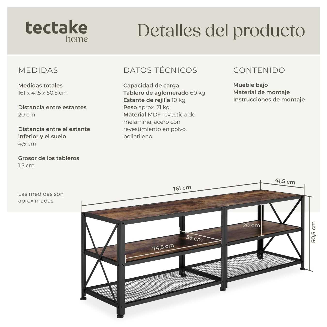 tectake® Mueble TV de Estilo Industrial, Aparador Salon para Televisor con 3 Alturas, Aparadores para Salon y Dormitorio - 161 x 41,5 x 50,5 cm Madera Industrial Oscura, Rústica