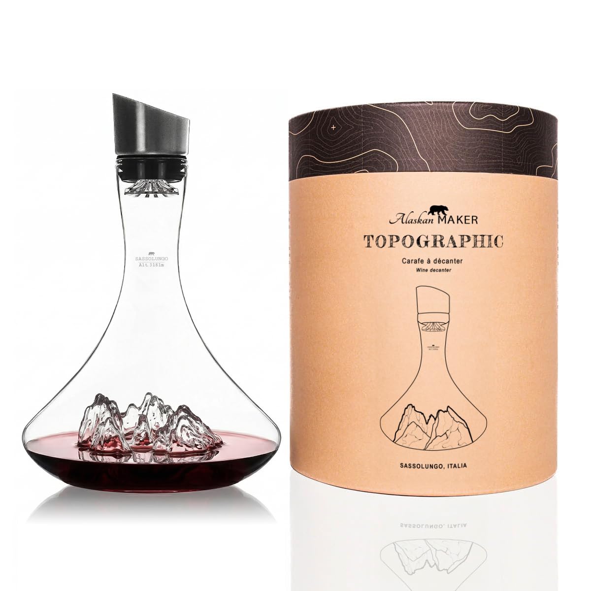 Wine Decanter 1.8 L | Premium Borosilicate Hand-Blown with Embossed Mountains | 3 in 1 Stopper (Filter, Aerator and Pourer) (Sassolungo)