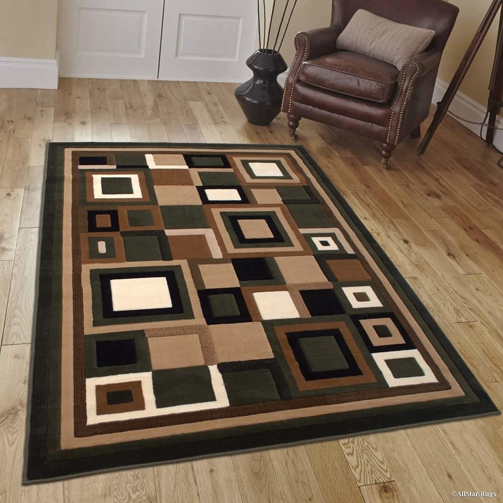 Allstar 8x10 Sage Green Modern and Contemporary Machine Carved Rectangular Accent Rug with Ivory and Mocha Geometric Abstract Design (7' 9" x 10' 2")