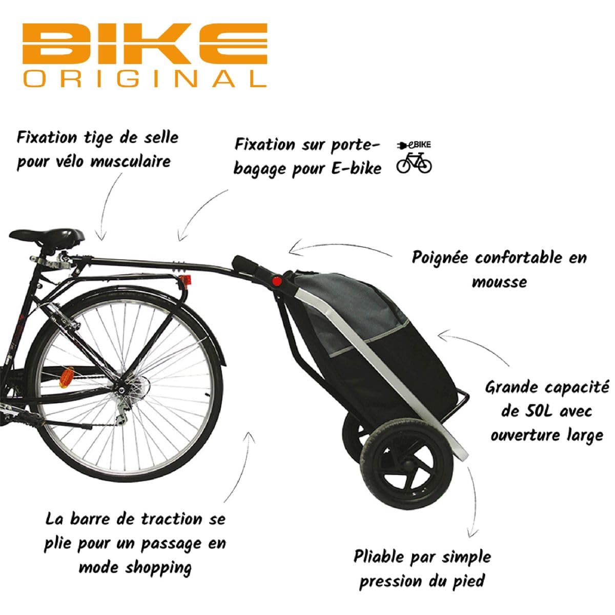 BIKE ORIGINAL Shopping Trailer compatible con e-bike. Unisex-Adulto, Talla Única