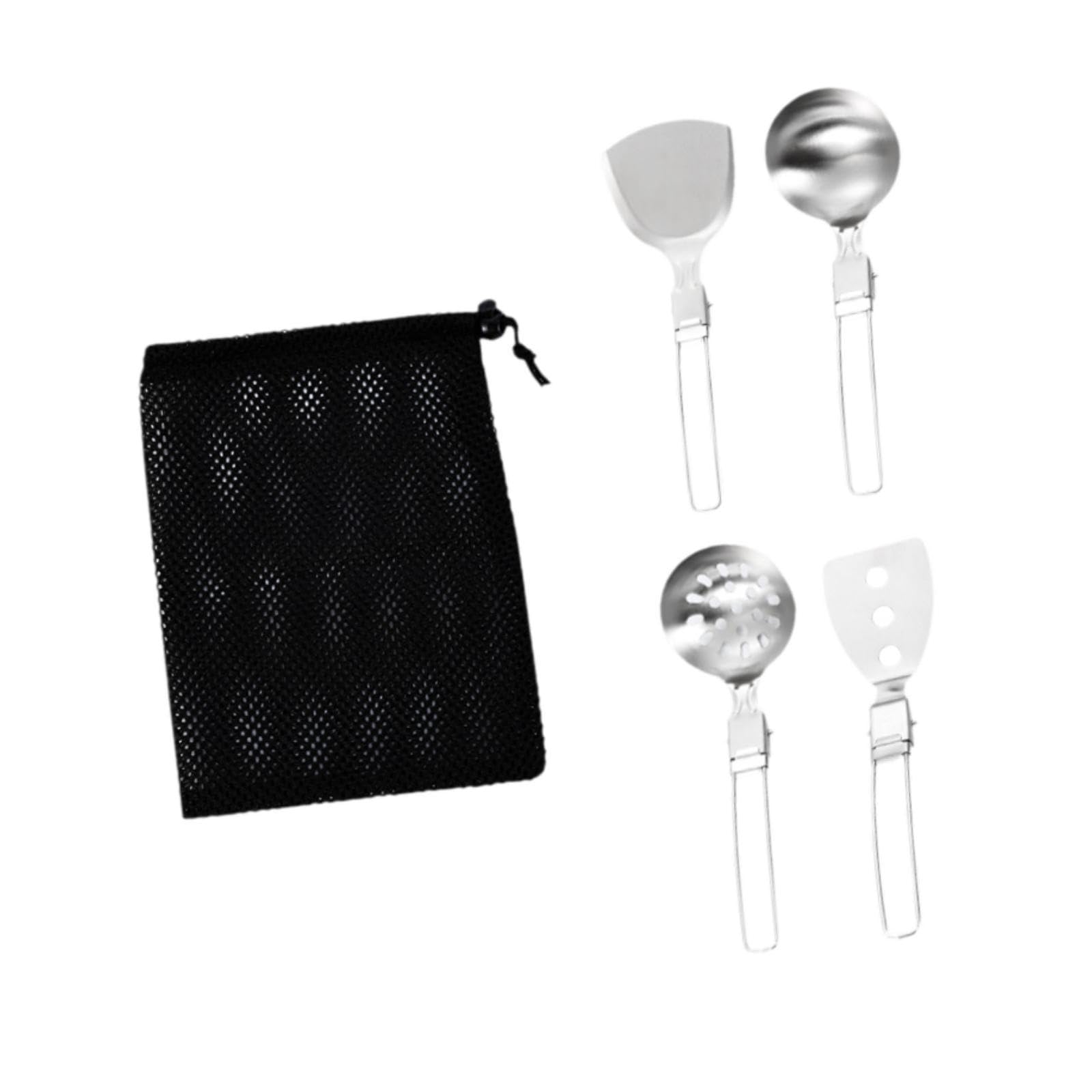 YIJU Camp Cooking Utensil Set Cookware Kit with Mesh Bag Stainless Steel Portable Camping Kitchen Utensil Set, for RV BBQ Camping, 4Pcs