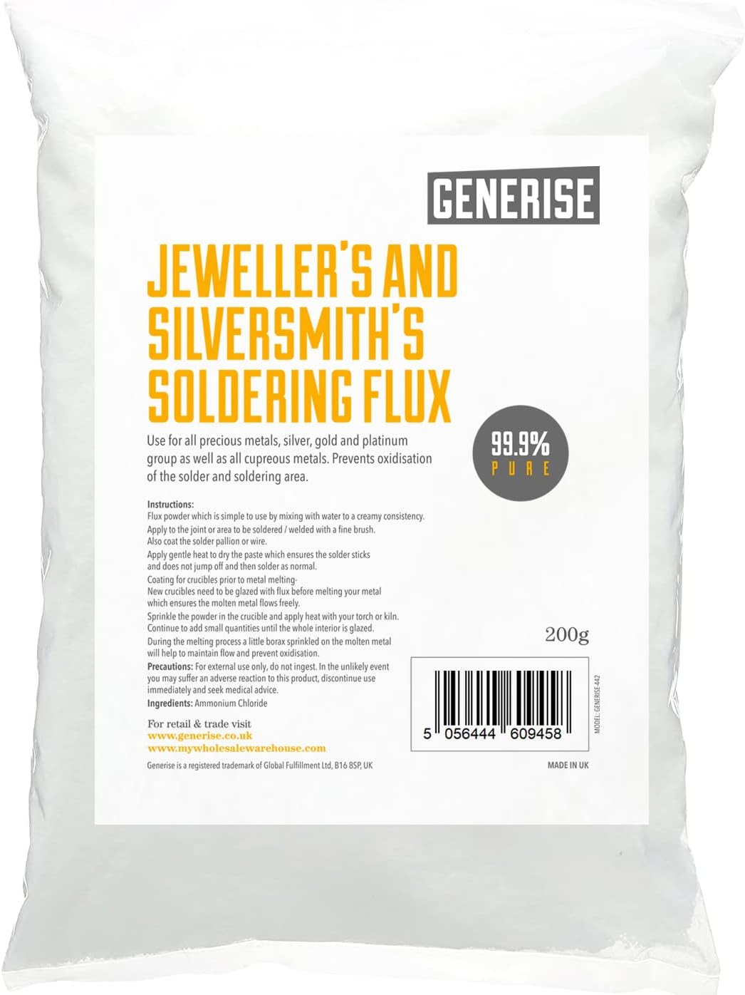 Flujo de soldadura Joyeros y plateros Soldadura Cristal Forma Flux Powder 99,9% Puro – Para Soldar Oro, Plata, Platino, Latón, Cobre 200g