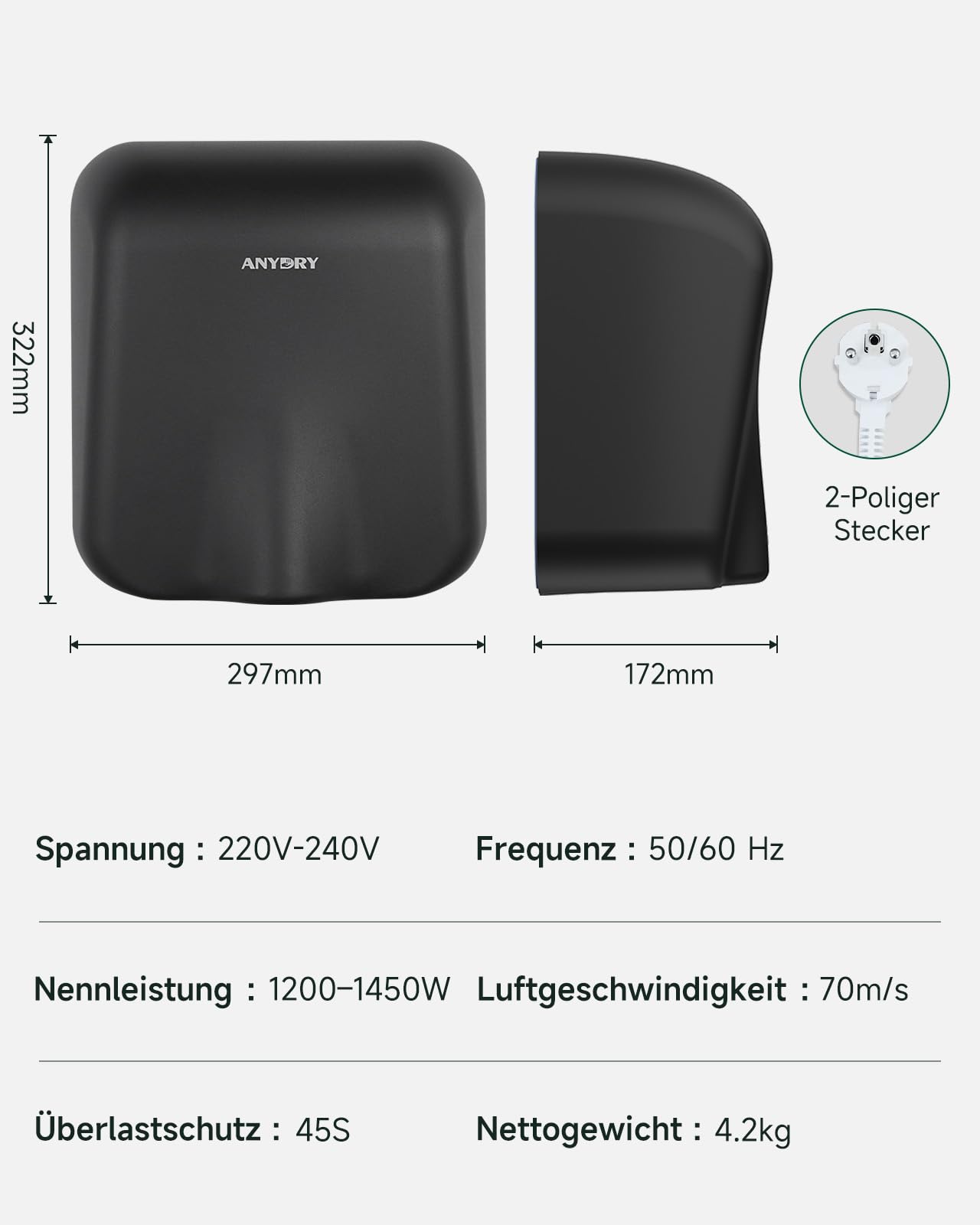 anydry IronStorm 2815 Gewerblicher Händetrockner mit HEPA-Filter 1600W Edelstahl gebürstet Matt Schwarz