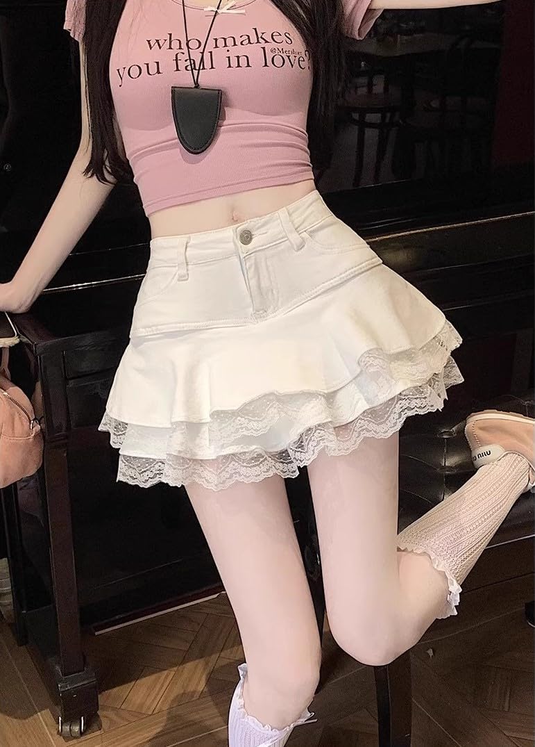 Y2K High Waist Denim Lace Mini Skirt for Women – Harajuku A-Line Ruffle Skater Skirt Kawaii Fairycore Style - Image 5