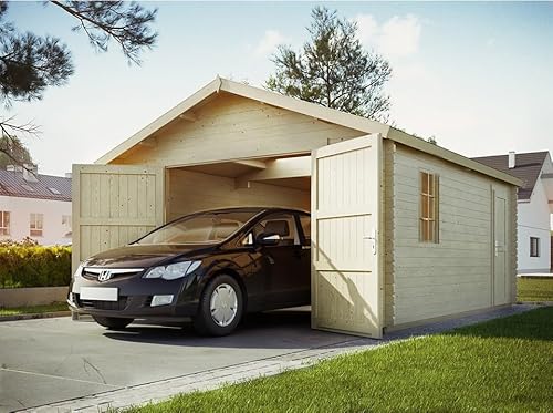Garage in legno NEWPORT Doppia porta in legno 19,2 m² - Spessore delle assi: 44 mm - Tetto a doppia falda - Porta di servizio - Posto auto coperto