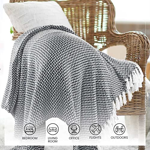 Image of SASHAA WORLD Chevron Throw Blanket Handwoven with Fringes | Throw for Living Room, Bed, XL Sofa & Chair | Navy Throw Blanket | 170x250 cm Pack of 1