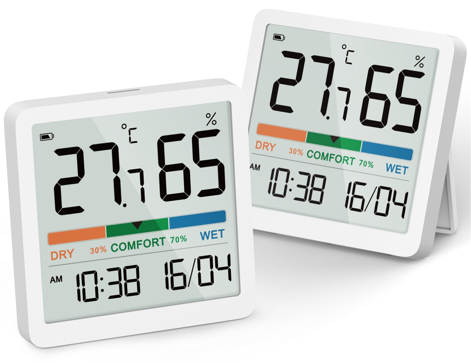 NOKLEAD Indoor Thermometer Hygrometer: Room Temperature Gauge Humidity Monitor for Home, Magnetic, Kickstand, 3.3in Screen, Calibration, Air Comfort Indicator, Time, Date, Spare Battery - 2 Pack