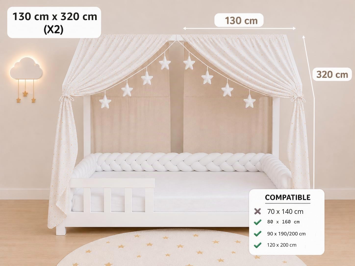 YellowNest Dosel Cama Infantil (2 Piezas) - Dosel Cama Montessori 80x160, 90x190 y 140x200 cm - Muselina 100% algodón - Sin Guirnalda (Blanco, 130 x 320 cm (2 Piezas))