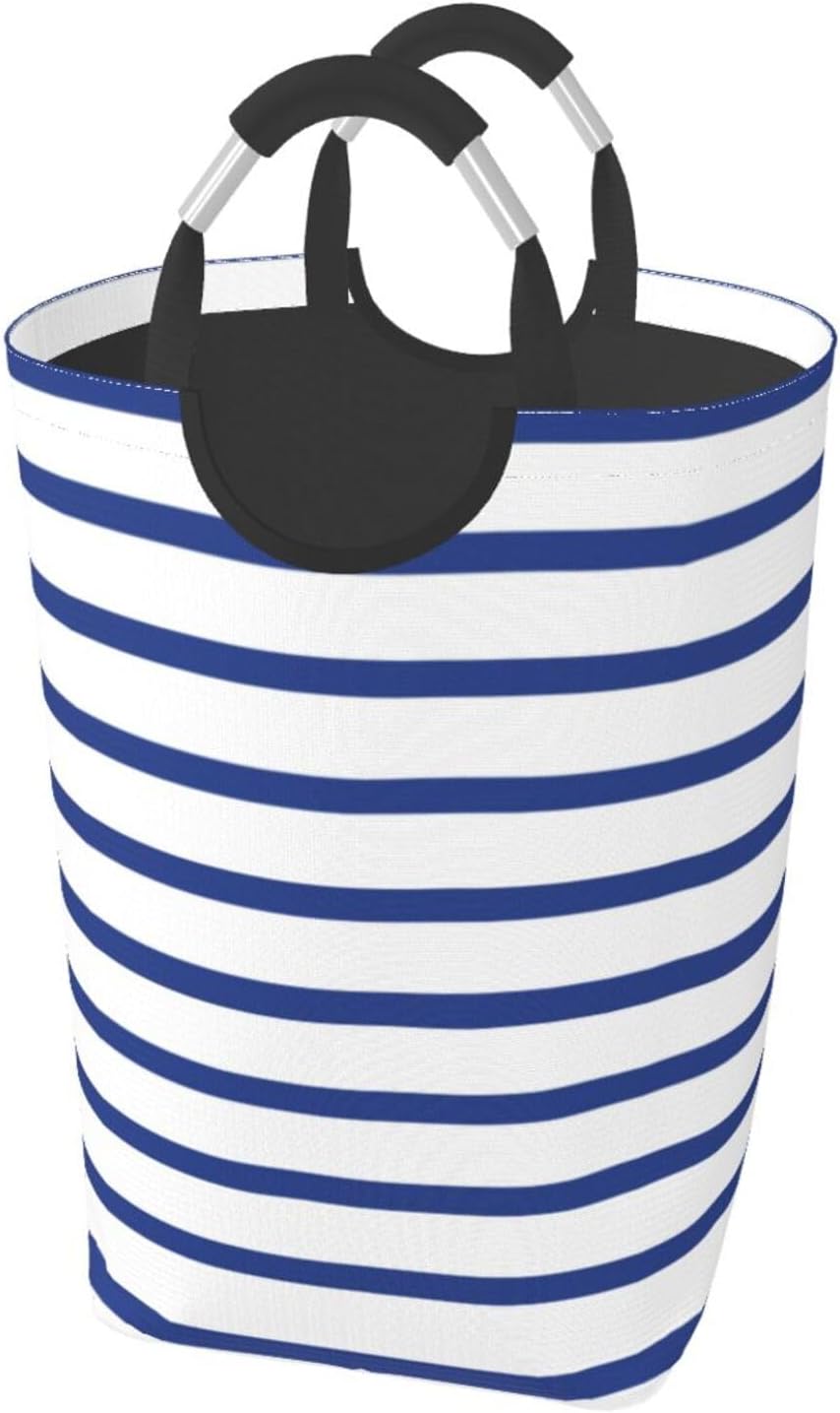 Large Laundry Basket, Modern White Royal Blue Stripes Laundry Hamper Bag Collapsible Washing Bin With Handles for College Dorm, Family Essentials Storage