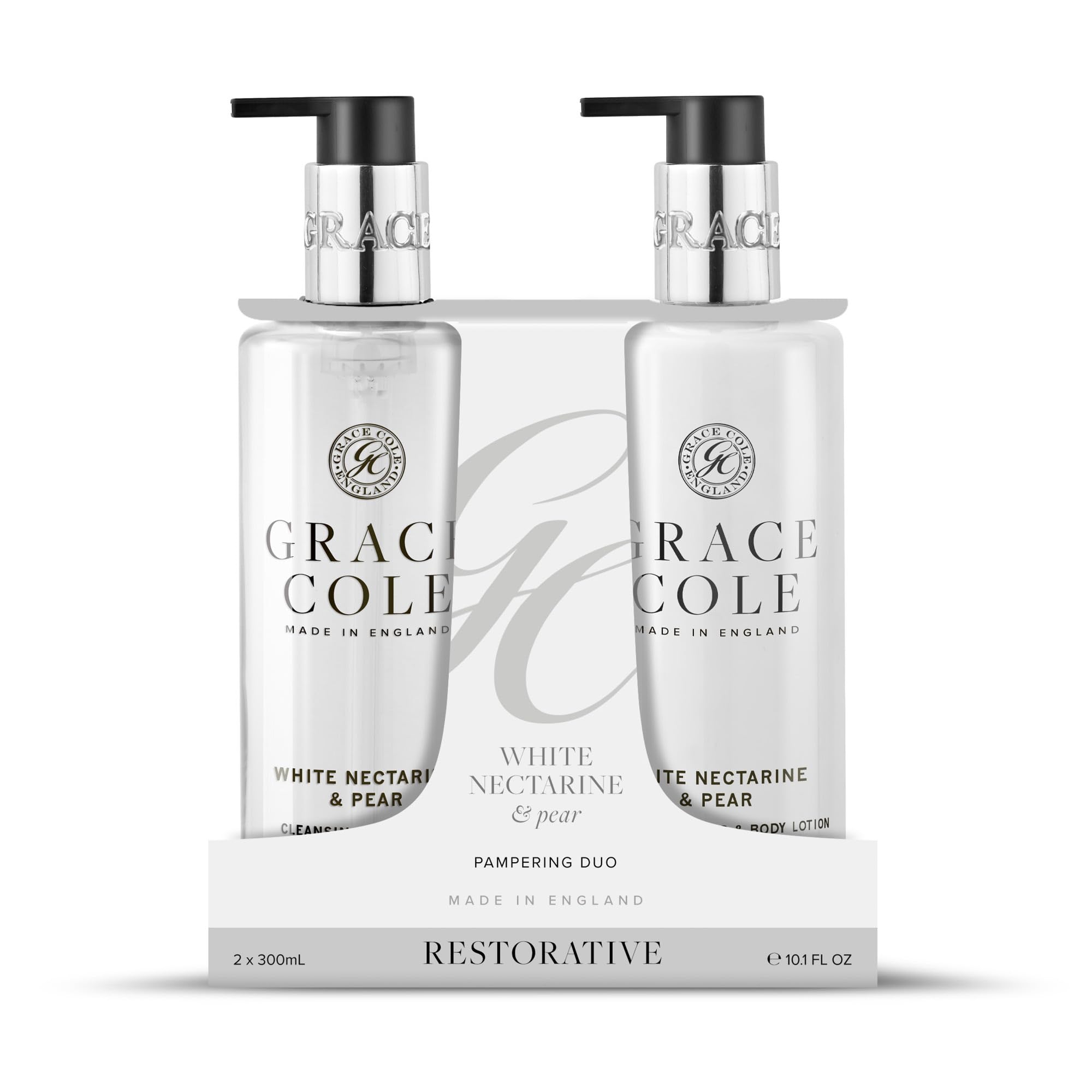 Grace ColeWhite Nectarine & Pear Hand Duo Gift Set - 1 x Hand Wash & Body Lotion 300ml - Essential Oils - Vegan - Made In England