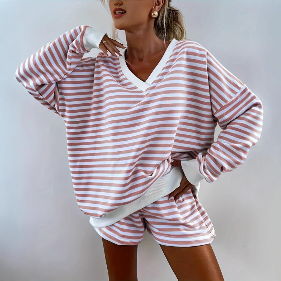 Melliflo Women 2 Piece Outfits Lounge Sets Striped Print Long Sleeve V Neck Sweatshirt and Shorts Set Sweatsuit - Image 2