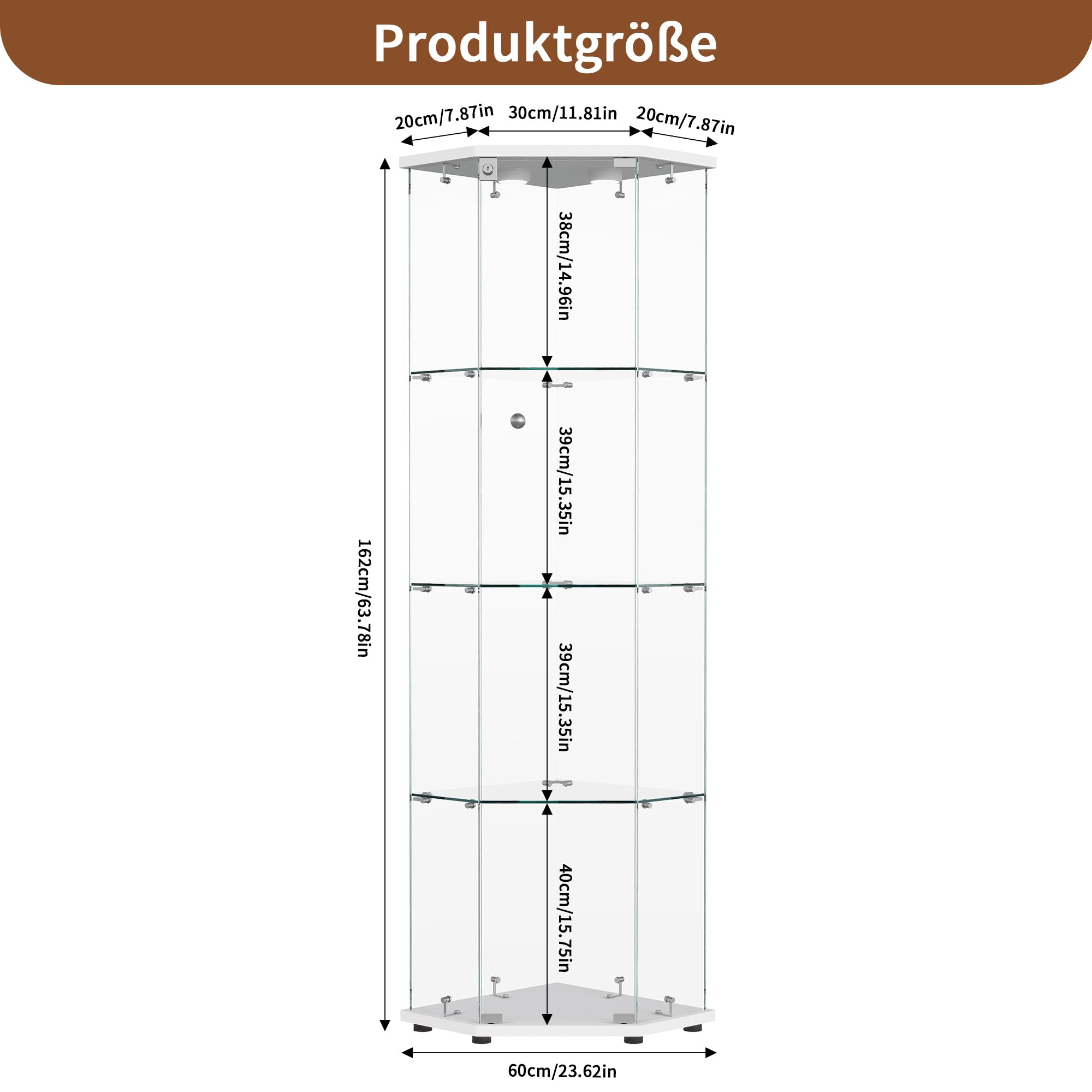Vitrina de Esquina con Cristal, Vitrina de Cristal con LED, 1 Puertas, Vitrinas Blancas Cristal4 Capas Estanteria deCristal con Cerradura Columna Expositora VidrioVitrina Expositora Para Salon