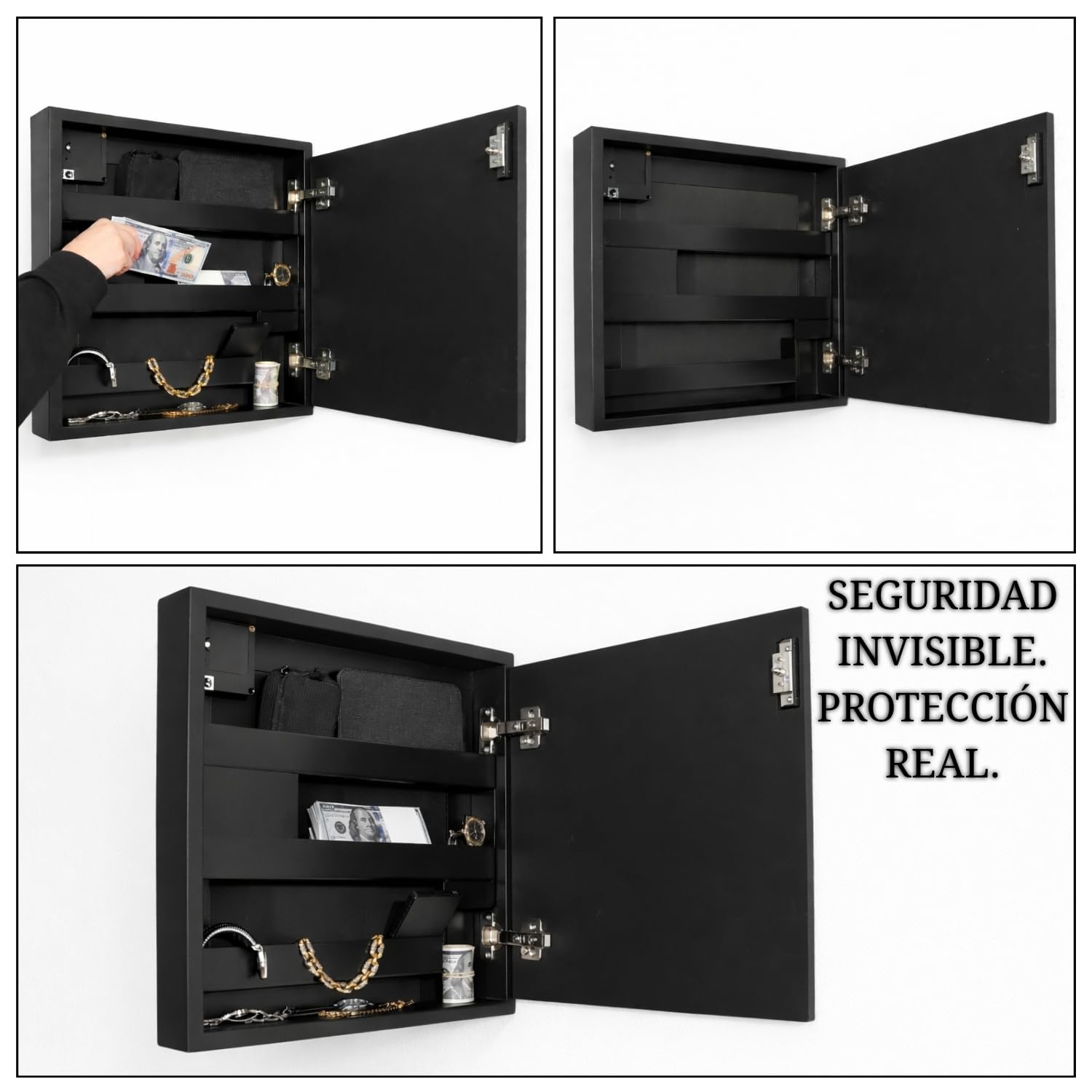 Espejo Negro con Compartimento Secreto y Doble Fondo Oculto | Caja Fuerte camuflada con Cerradura NFC/RFID | Mueble de Seguridad para Joyas, Dinero y Documentos | Montado