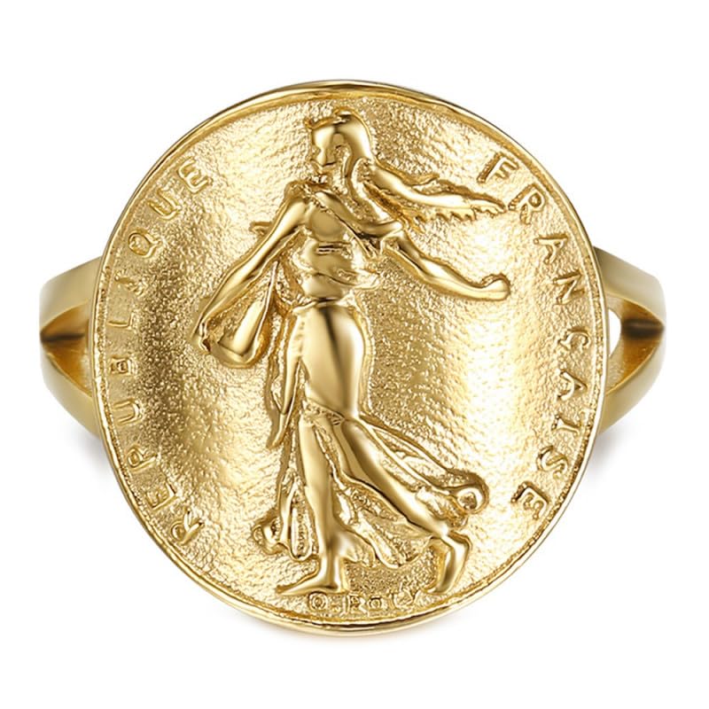 BOBIJOO Jewelry - Bague Chevalière Femme Cintrée Pièce Franc Semeuse Marianne Acier Or Plaqué République Française - 50 (5 US)