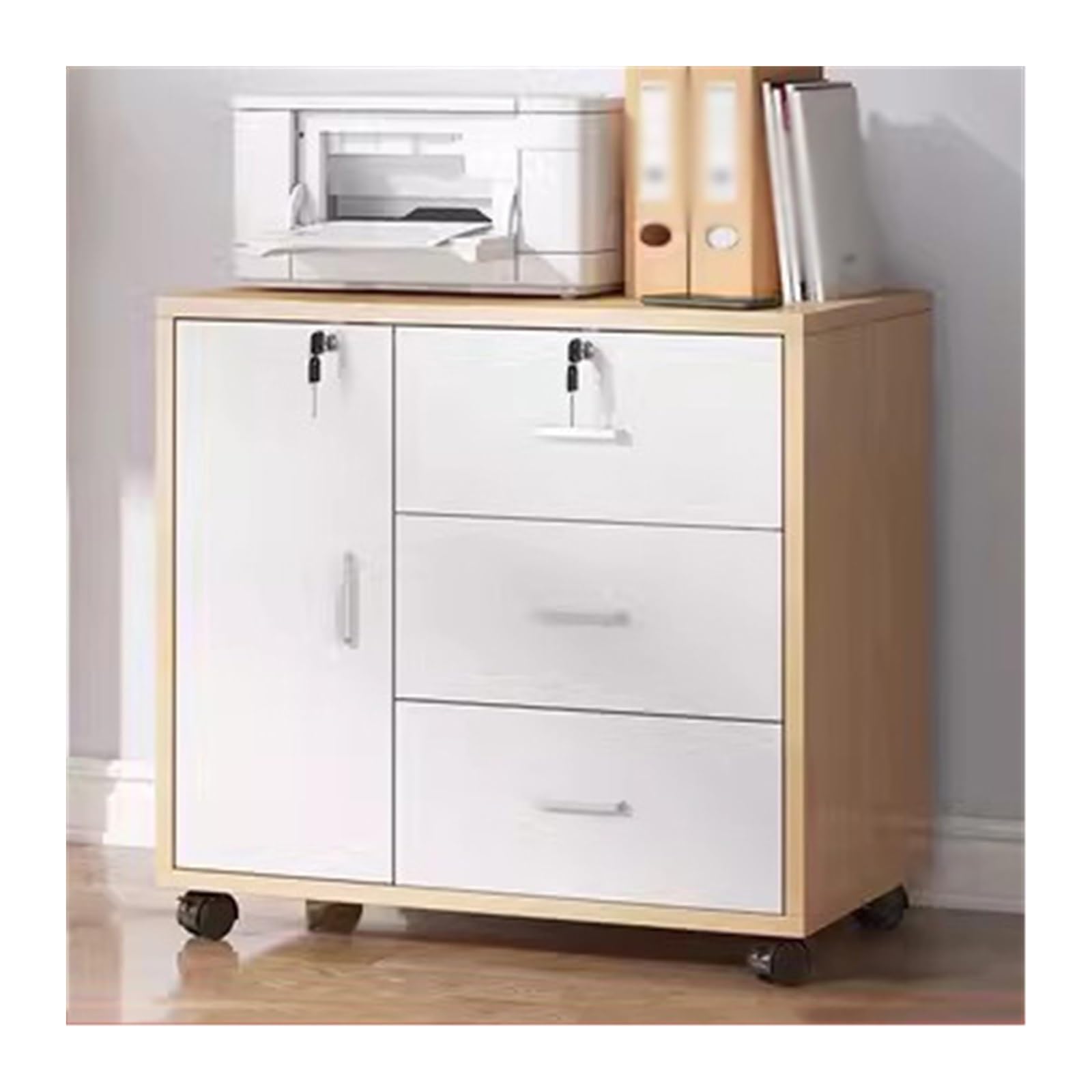 Aioneer File Cabinet Filing Cabinet Wooden Low Cabinet Three Drawers With One Storage Cabinet Filing Cabinet Lockable Storage Office Filing With Removable Rollers Filing Cabinet-Log Color+white