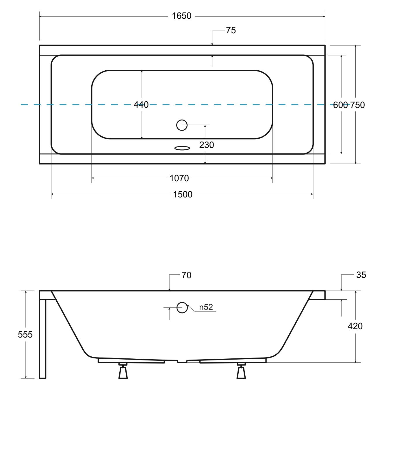 ECOLAM Badewanne Quadro 165x75cm Rechteck Schürze Ablauf Füße Silikon SET | Wanne Rechteckbadewanne Ablauf in der Mitte Design Acrylschürze weiß keine Fliesen nötig Ab- und Überlauf Automatik Komplett