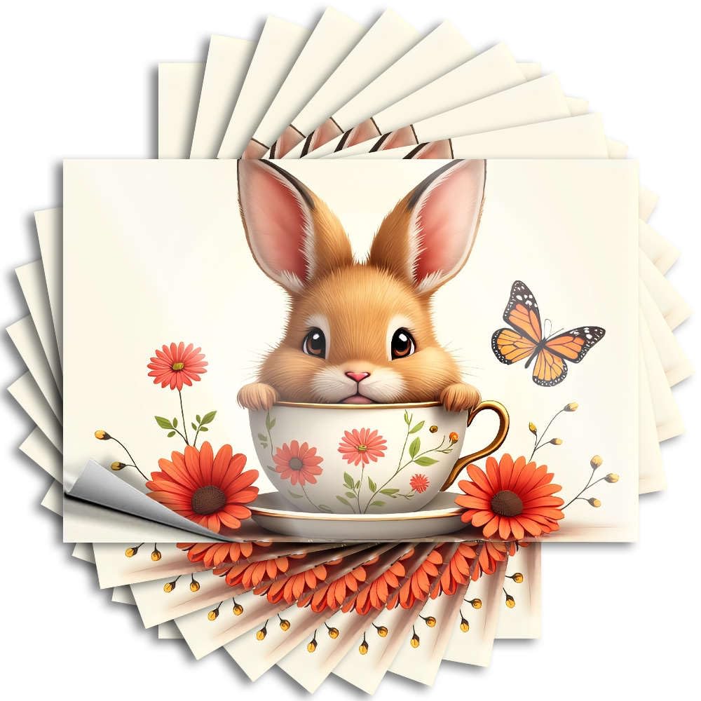 A Cute Bunny in A Floral Teacup Surrounded By Vibrant Orange Flowers. Summer Sticker | Room Decoration Waterproof Vinyl Garage Dart Removable Decal Peel Stick(12X18CM)