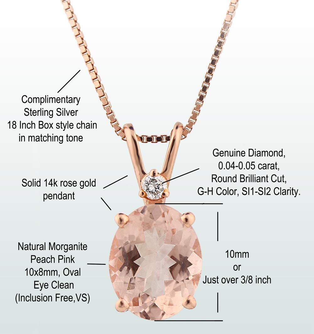 14 Karat Rose Gold Oval Shape 2.50 Carats Morganite Diamond Pendant (10x8mm Oval) - Image 4