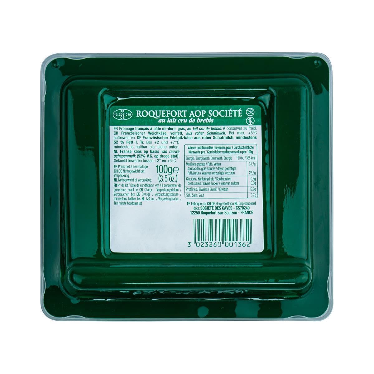 Roquefort Société Schafskäse AOP - 6x 100g - französischer Blau-Schimmel-Käse, cremig und aromatisch, Edel-Pilz-Käse, solo zu Wein, als Topping von Pizza oder zum Überbacken