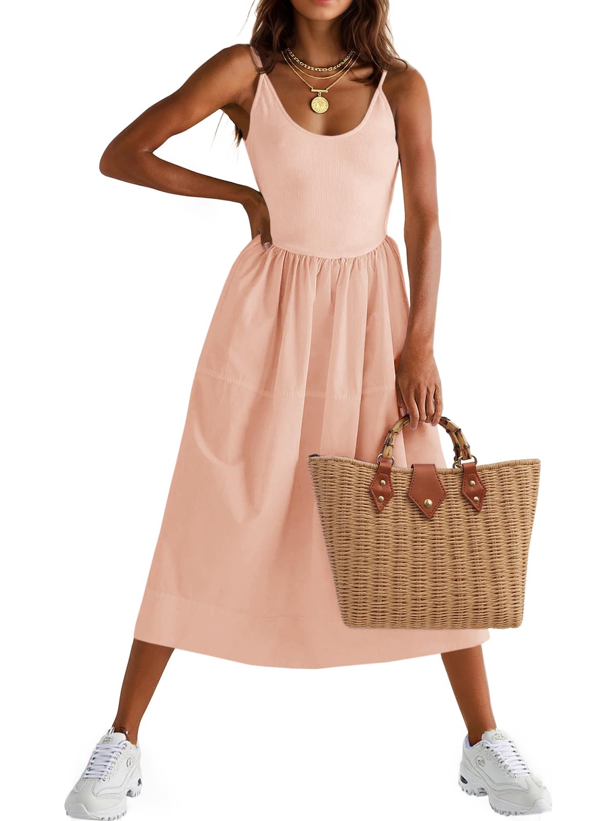 Fisoew Womens Spaghetti Strap Dress V Neck Backless Summer Casual A Line Cami Dress with Pocket