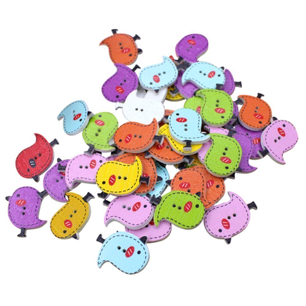 Namvo Type11 100Pcs Multicolored Cartoon Animal 2 Holes Wood Sewing Buttons-Chicken