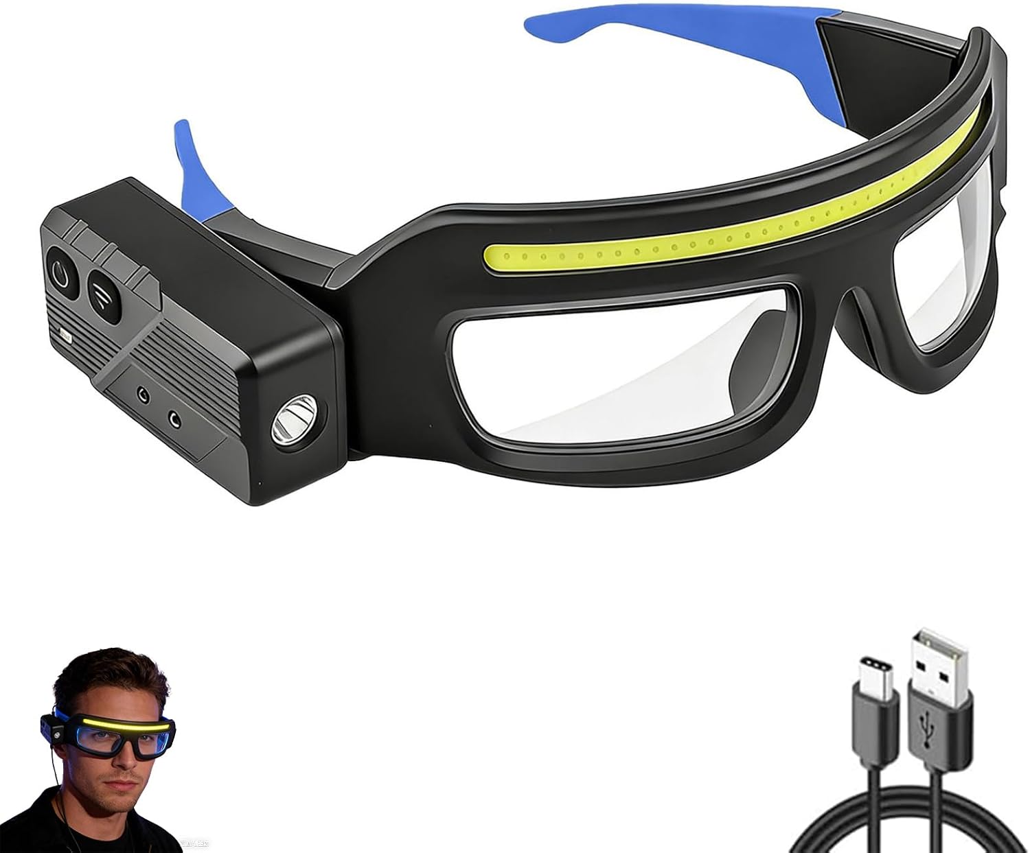 LED Rechargeable Headlamp Glasses, Headlight with Motion Sensor & Touch Control 5 Modes, USB-C Light Up Eyewear 350-500lm IPX4 Waterproof for Running Camping Fishing Cycling Hiking (Blue)