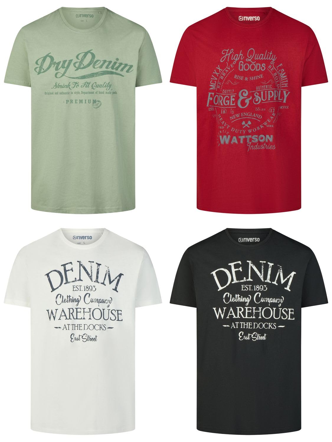 riverso Tshirt Herren Baumwolle Regular Fit RIVLeon 4er Set Pack Rundhals Kurzarm Sommer Tee Shirt Print Grün Blau Weiß Grau Rot Orange S M L XL XXL 3XL 4XL 5XL