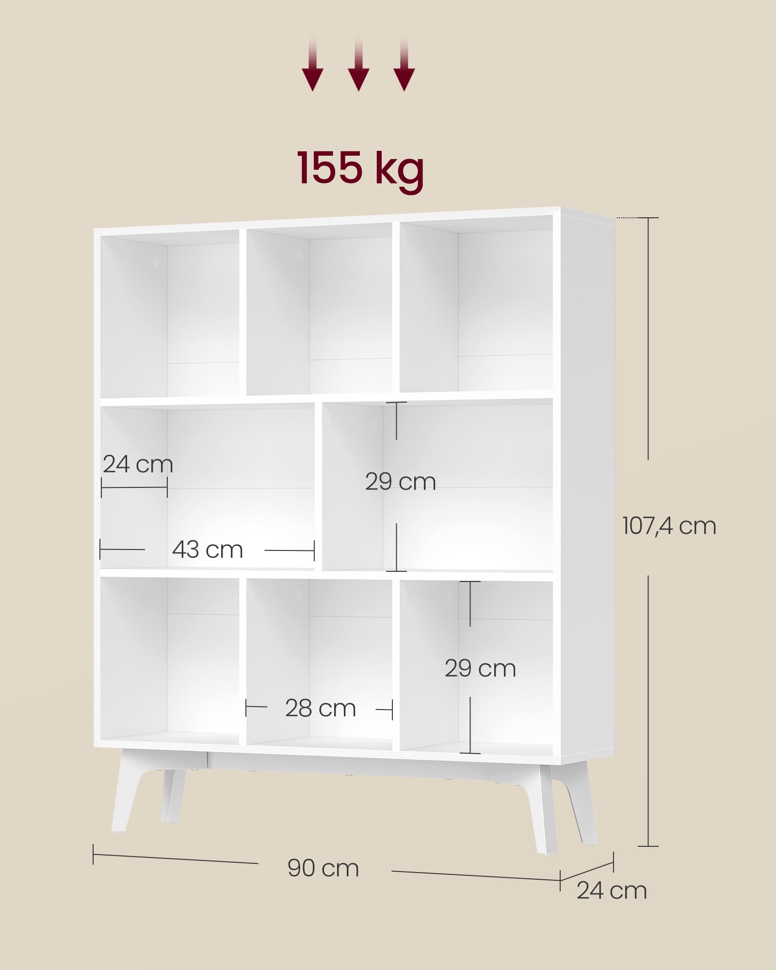 VASAGLE MAEZO kolekcja regał na książki, regał na książki, regał na kostki z 8 przegródkami, organizer do salonu, gabinetu, jadalni, 24 x 90 x 107 cm, biała chmurka LBC191WB01