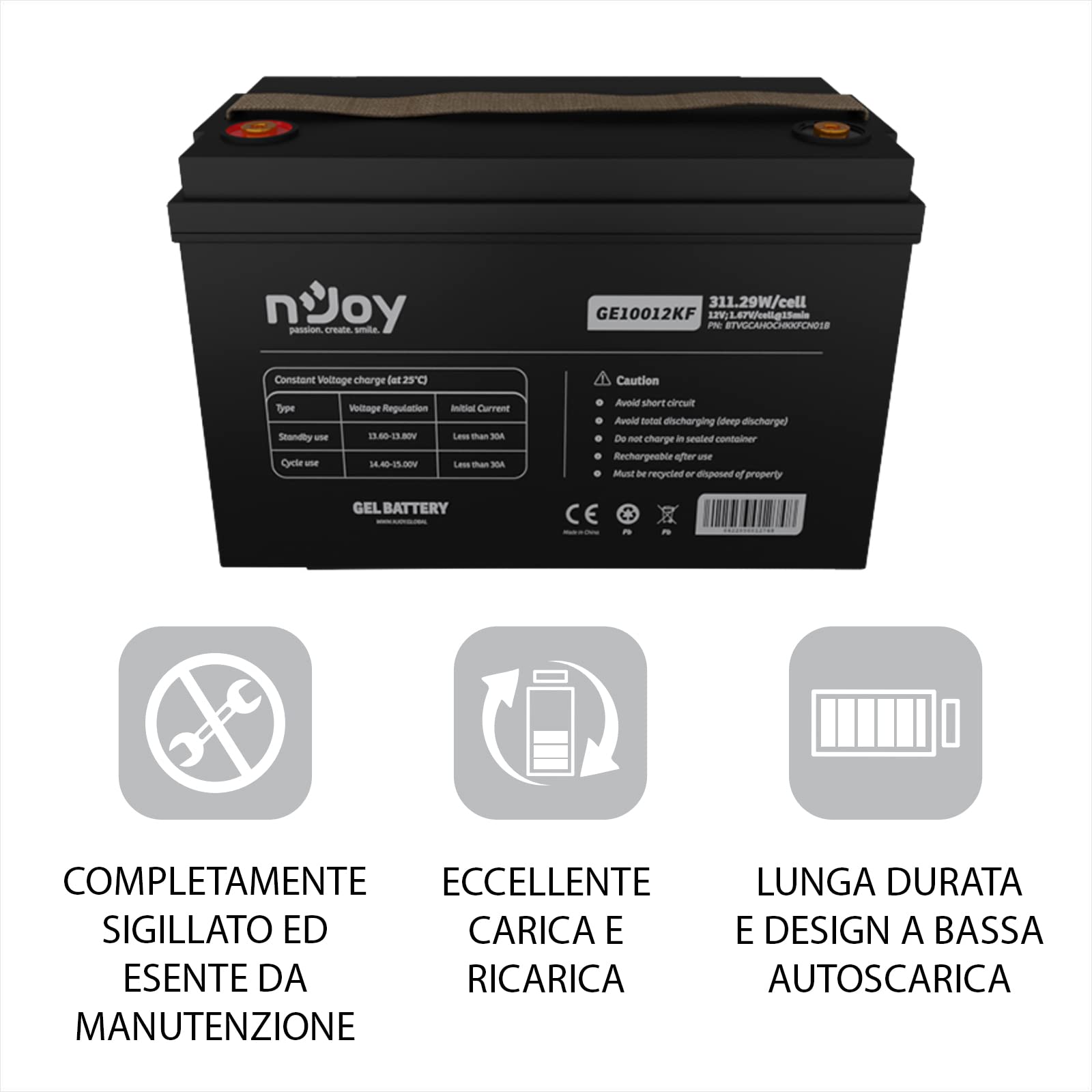 NJOY GE10012KF Batteria GEL 12V 100Ah a Ciclo Profondo | Senza Manutenzione | per Camper Barca Impianti Solari UPS | Connettori T11 | Garanzia 2 Anni