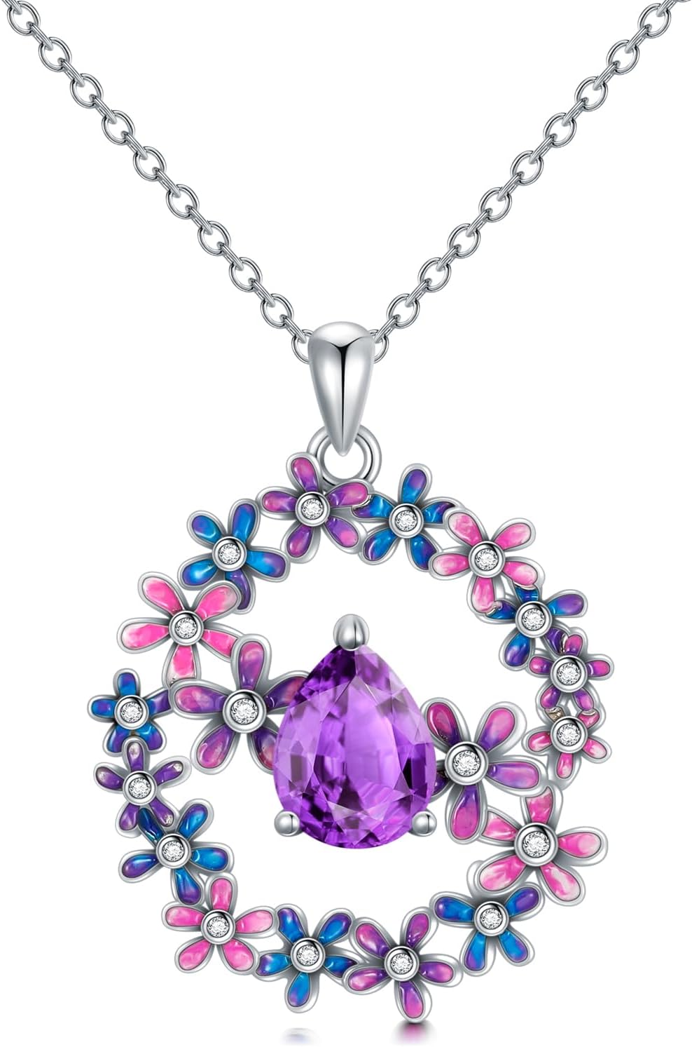 Genuine Amethyst with Colorful Flower Necklace 925 Sterling Silver 9 * 6mm Teardrop Purple Birthstone Round Pendant with 18+2 inch Chain for Women